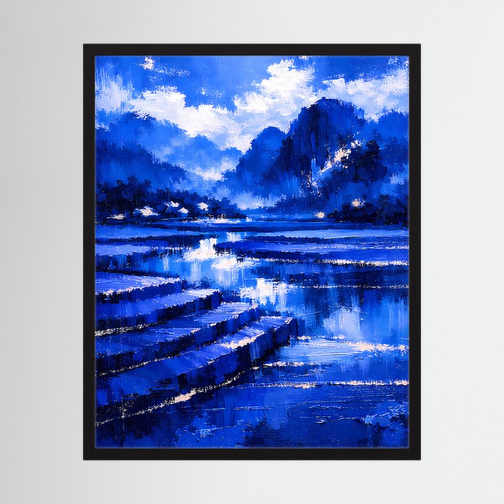 Abstraktes Poster im schwarzen Rahmen mit blauem Bergsee und Spiegelung
