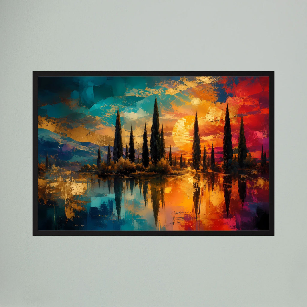 Poster im Querformat mit abstrakter Zypressenlandschaft, Sonnenuntergang mit Spiegelung, schwarze Umrandung