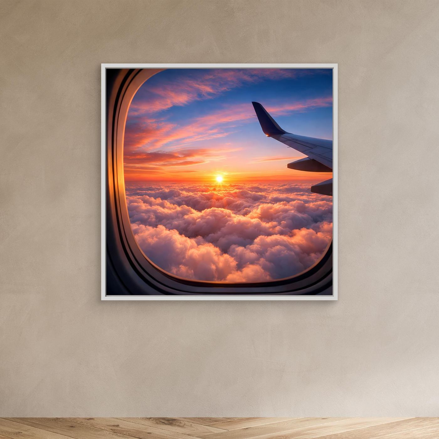Leinwandbild Flugzeugfenster mit Sonnenuntergang über Wolken; weißer Rahmen