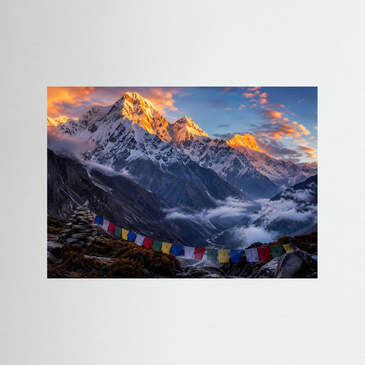 Poster mit Bergpanorama, schneebedeckten Gipfeln und bunten Gebetsfahnen