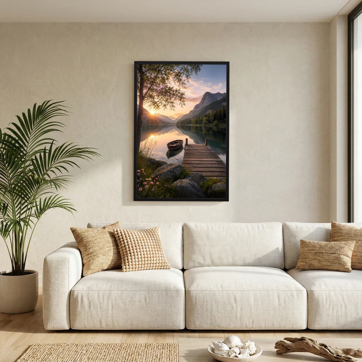 Wandposter mit Rahmen: Boot am Ufer, Holzsteg und Berge im Sonnenaufgang