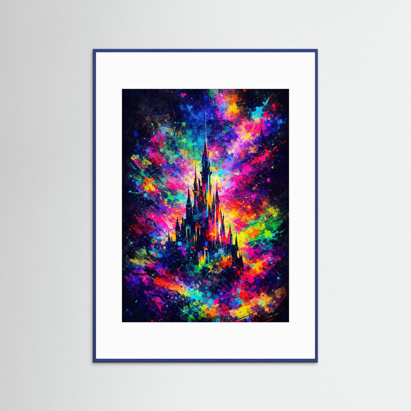 Fantasy-Schloss-Poster mit neonbunten Farbexplosionen im blauen Rahmen