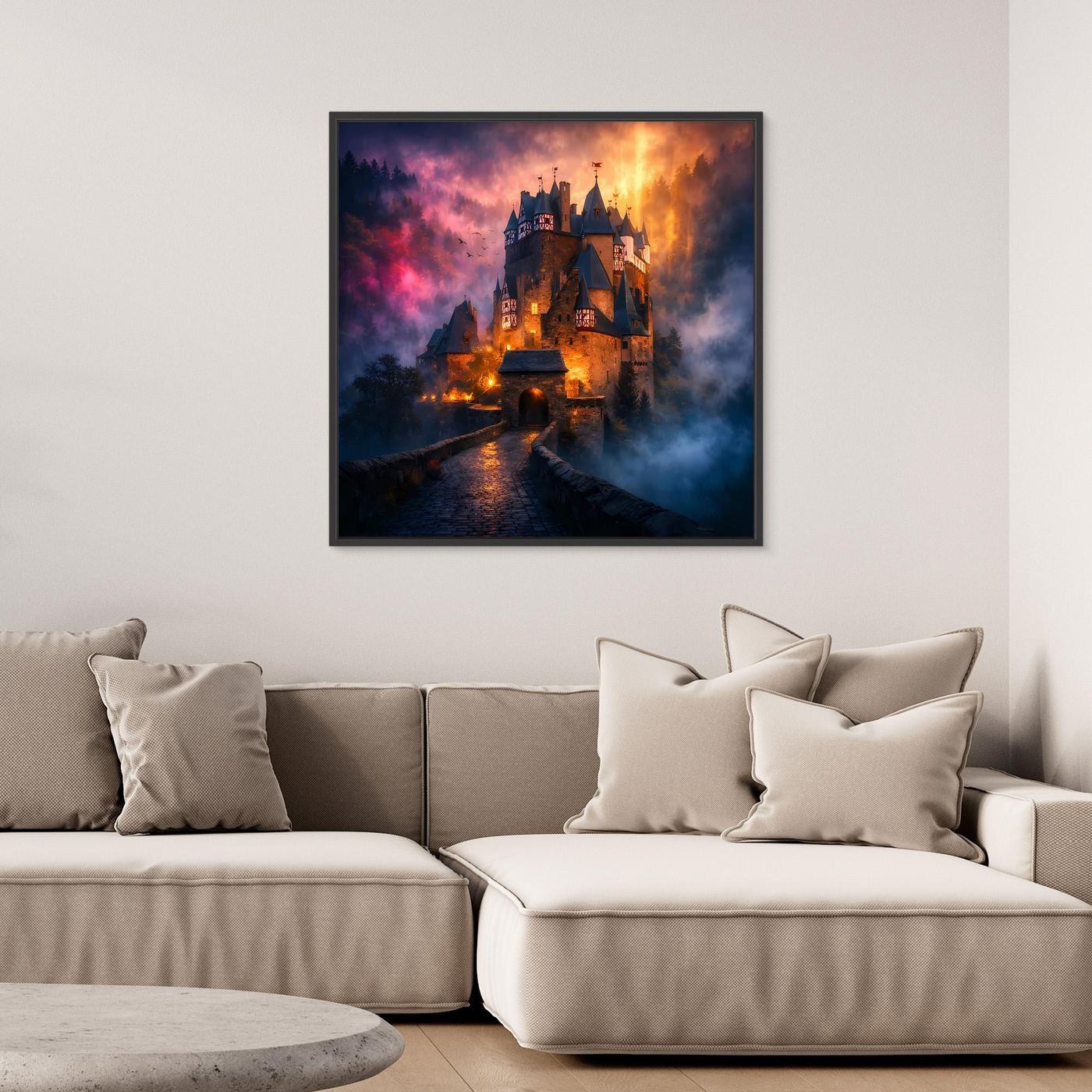 Leinwand Mystische Ritterburg im Nebel | Abstraktes Märchenschloss Wandbild