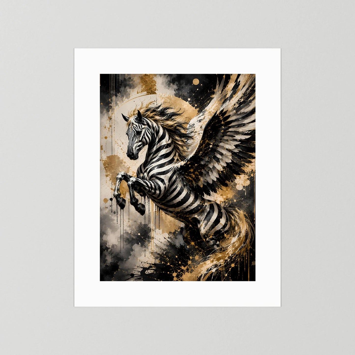 Geflügeltes Zebrapferd | Schwarz Gold abstrakte Fantasy Kunst | Poster Hochformat
