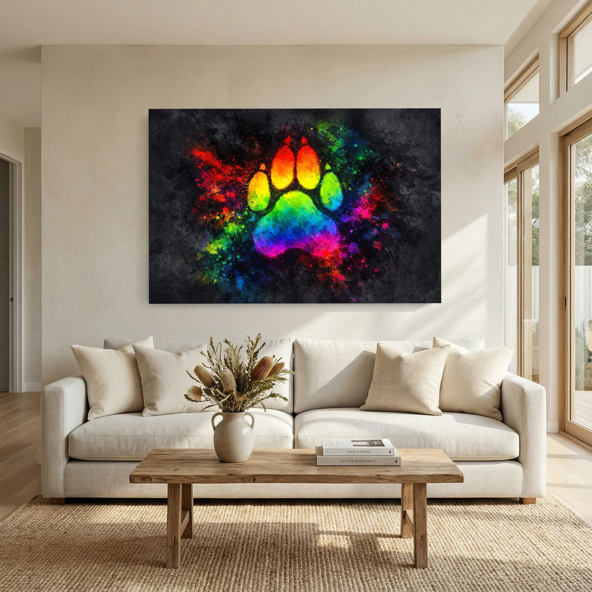 Gerahmtes Wandbild mit farbigem Pfotenabdruck, Querformat, Sprühfarben auf dunkelgrauem Grund