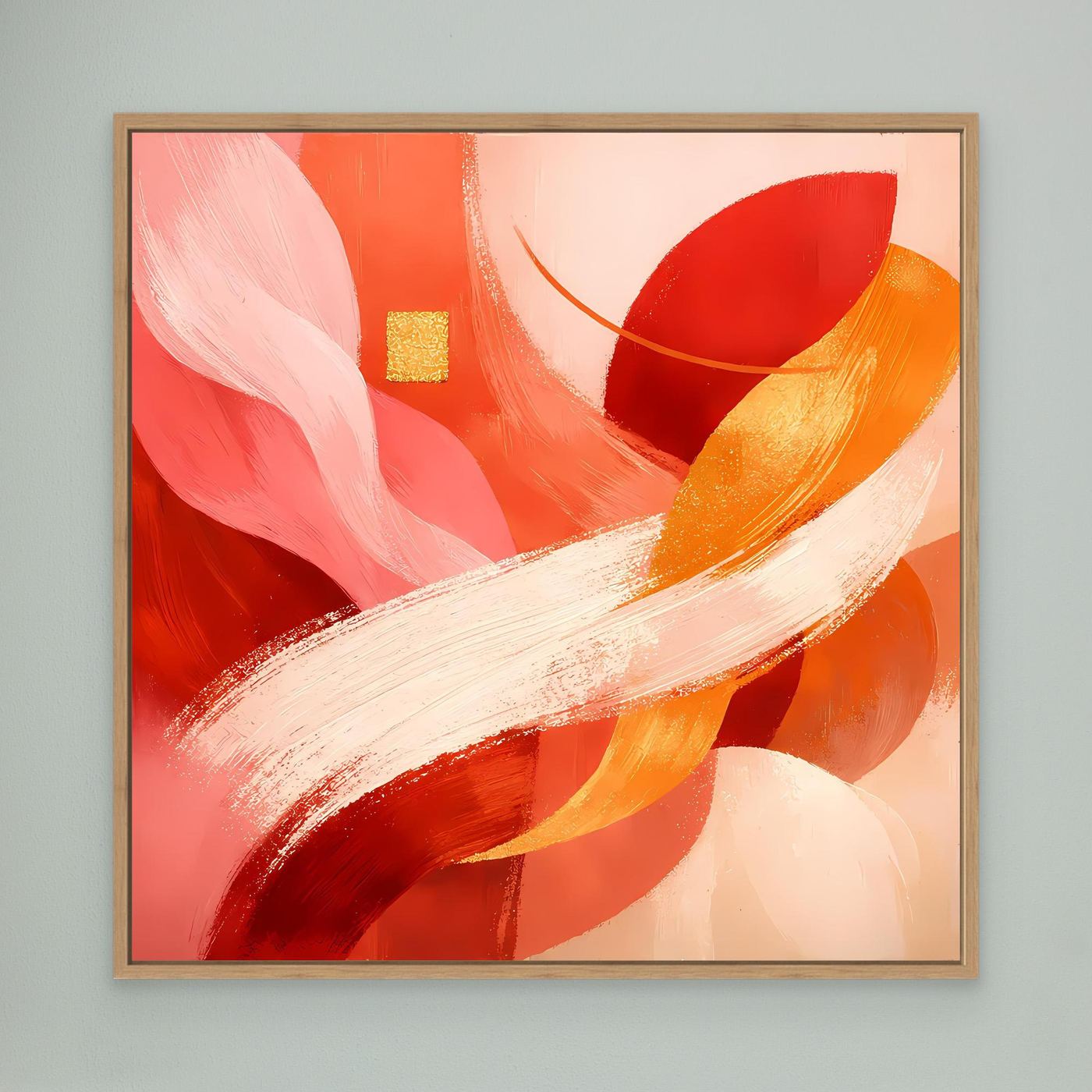 Abstraktes Leinwandbild mit roten, orangen und goldenen Pinselstrichen im hellen Rahmen