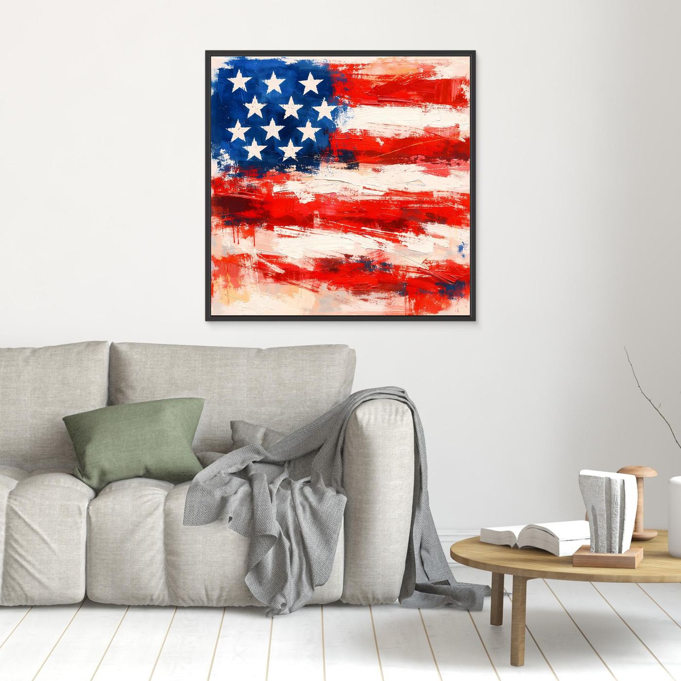 USA flag abstract canvas wall art with black frame; blue stars, red brush strokes