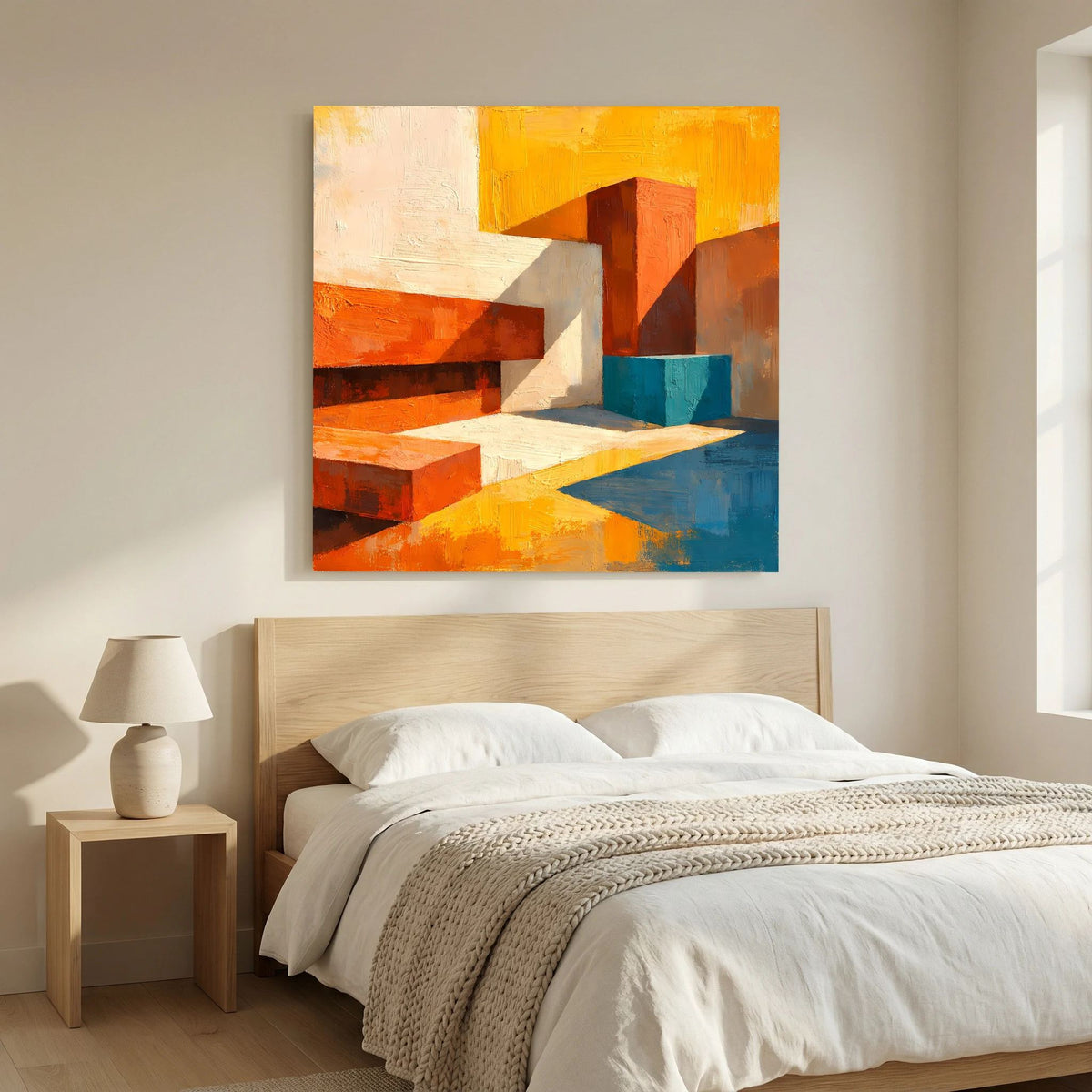 Abstraktes Leinwand-Wandbild mit orangefarbenen und blauen Akzenten sowie weißen Flächen