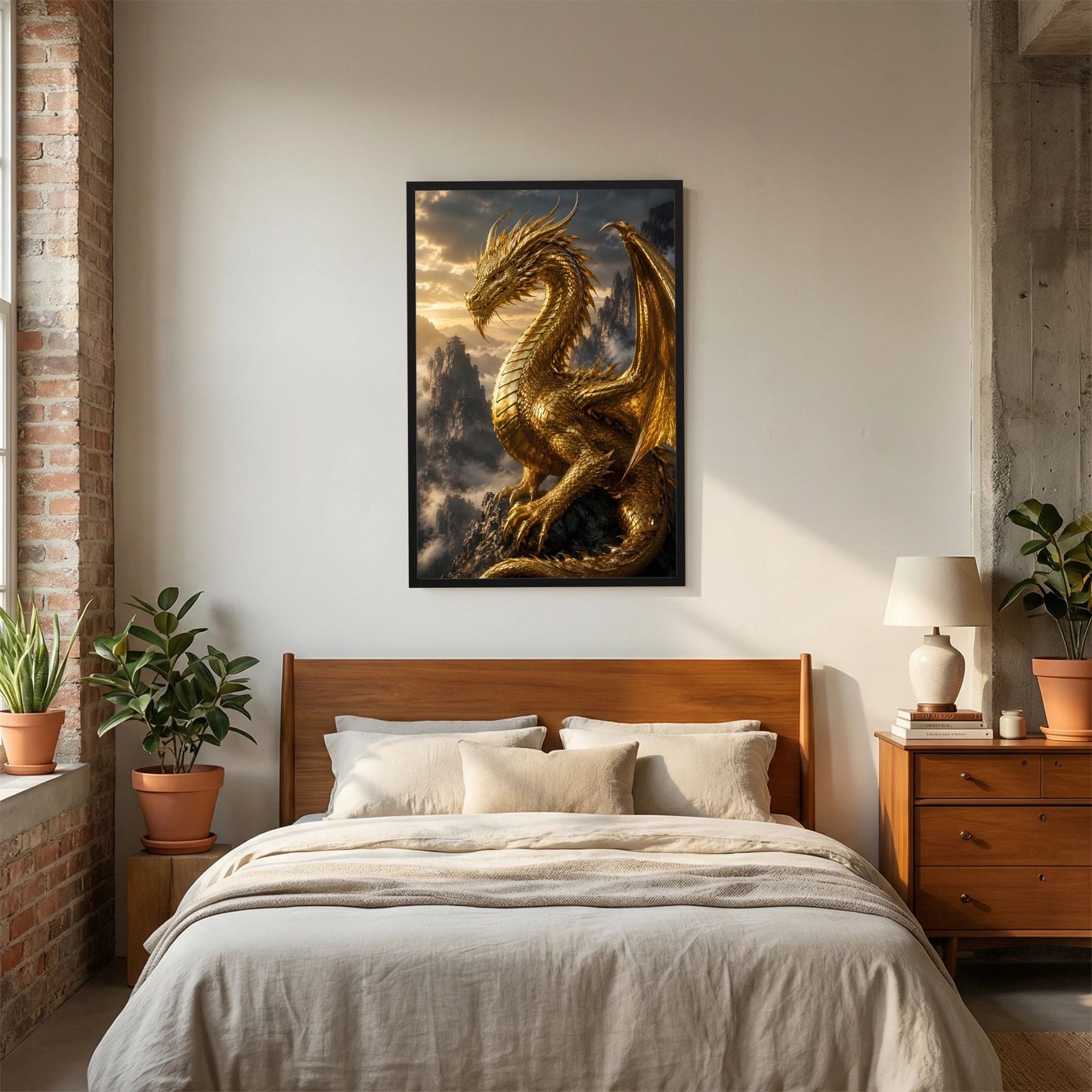 Kunstposter Hochformat mit goldener Drachenansicht, schwarzer Rahmen