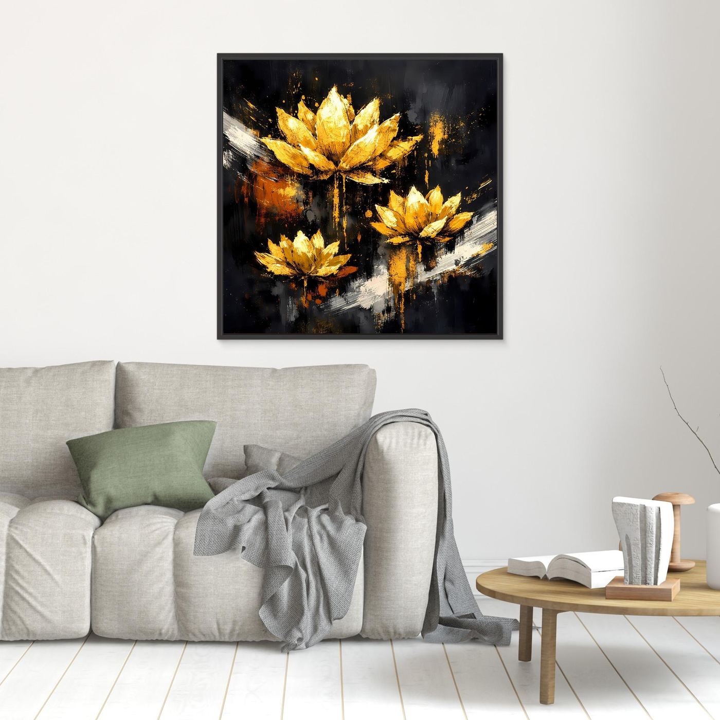 Leinwand Edle Lotusblüten in Gold und Schwarz | Modernes Florales Luxus Wandbild