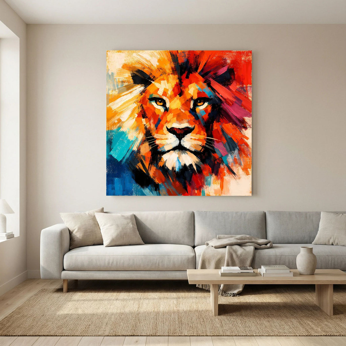 Abstraktes Löwen-Wandbild mit leuchtenden Farben, Löwenkopf und Mähne dynamisch gemalt