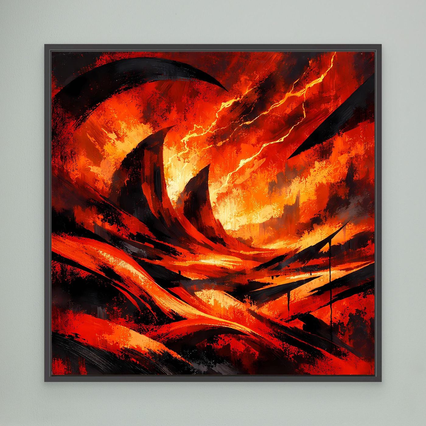 Wandbild auf Leinwand mit abstrakter Lava und Blitzen, schwarz gerahmt