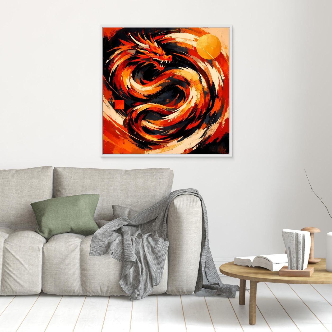 Kleines gerahmtes Leinwand-Wandbild mit rotem Drachen und feurigen Wirbeln