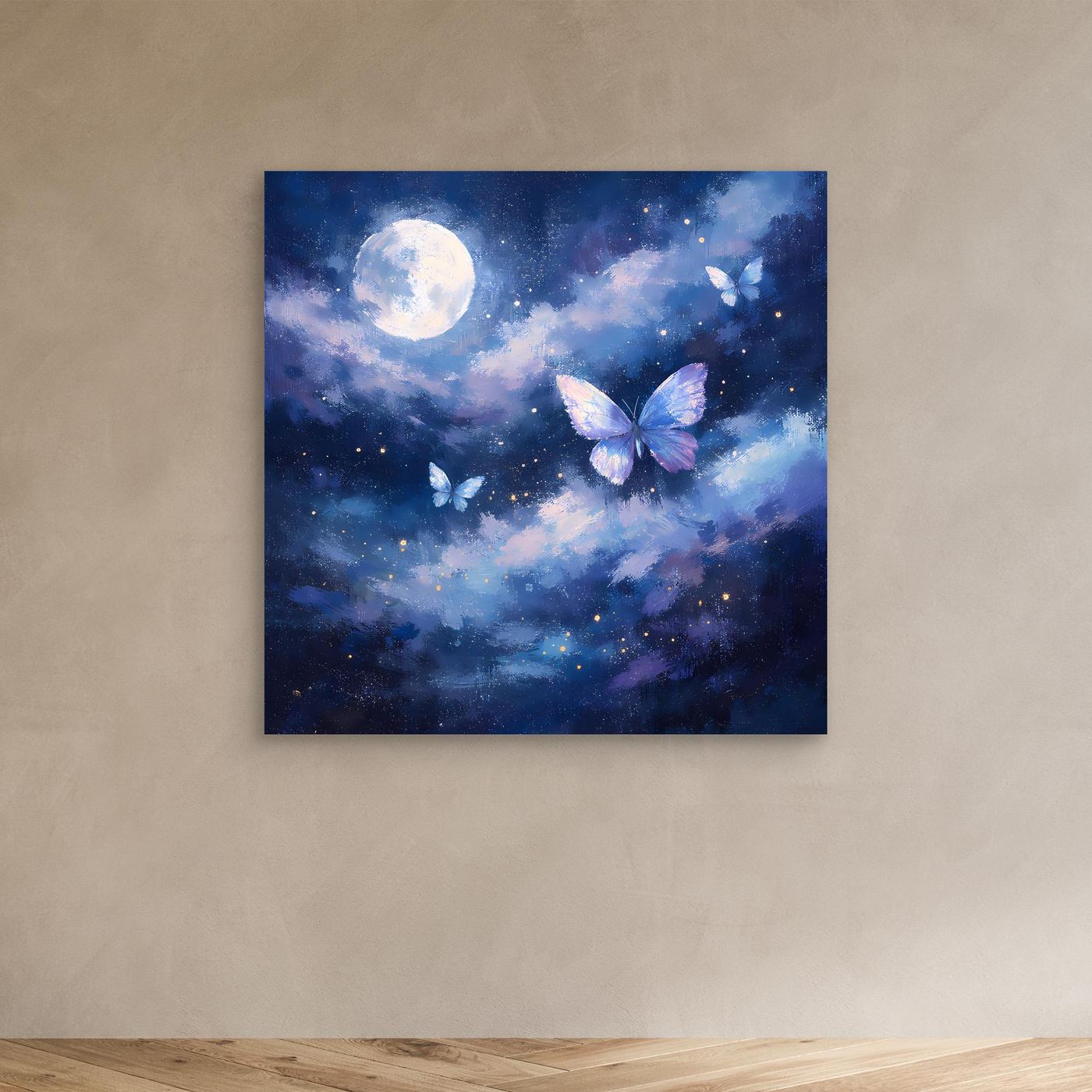 Leinwand-Wandbild mit Mond und Schmetterlingen im Sternenhimmel, ohne Rahmen
