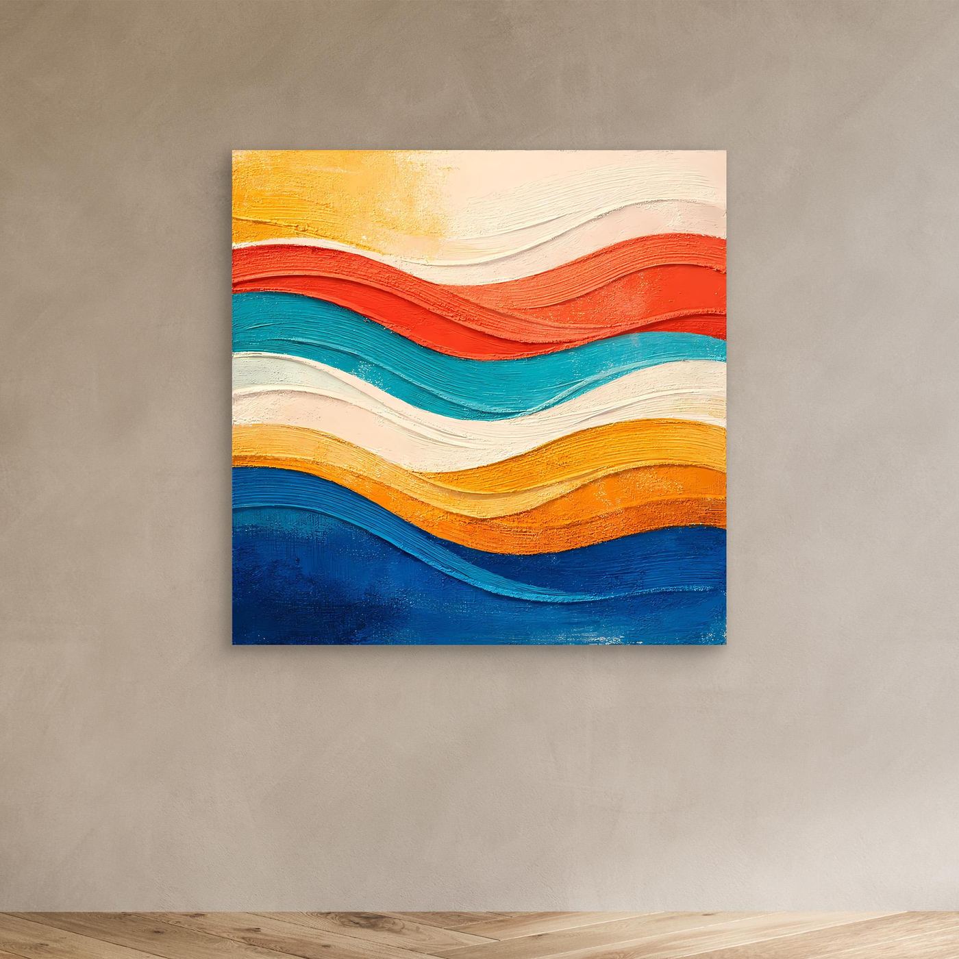Abstraktes Leinwand-Wandbild mit Relief-Wellen in Gelb, Rot, Blau und Türkis, ungerahmt