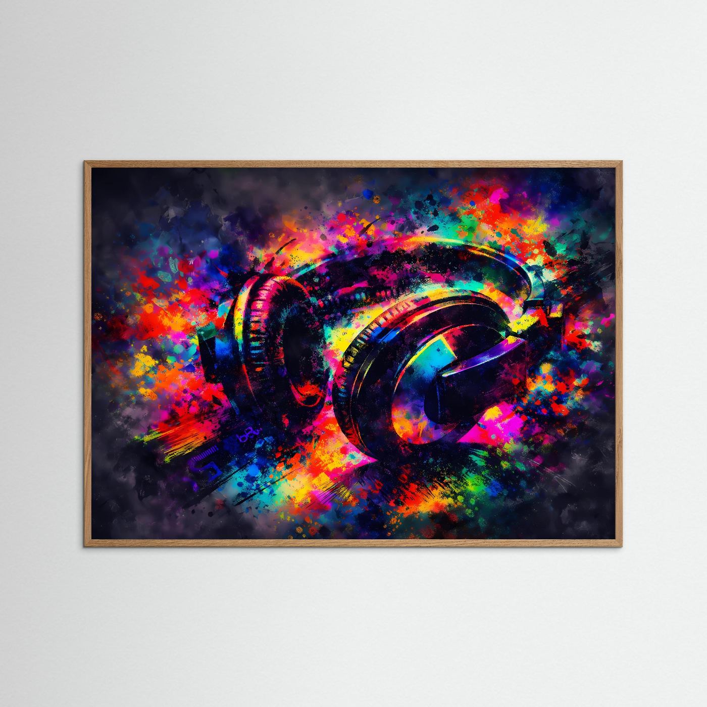 Gerahmtes Musikposter mit farbenfrohem Kopfhörer-Motiv im Pop-Art Splash Stil, heller Holzrahmen