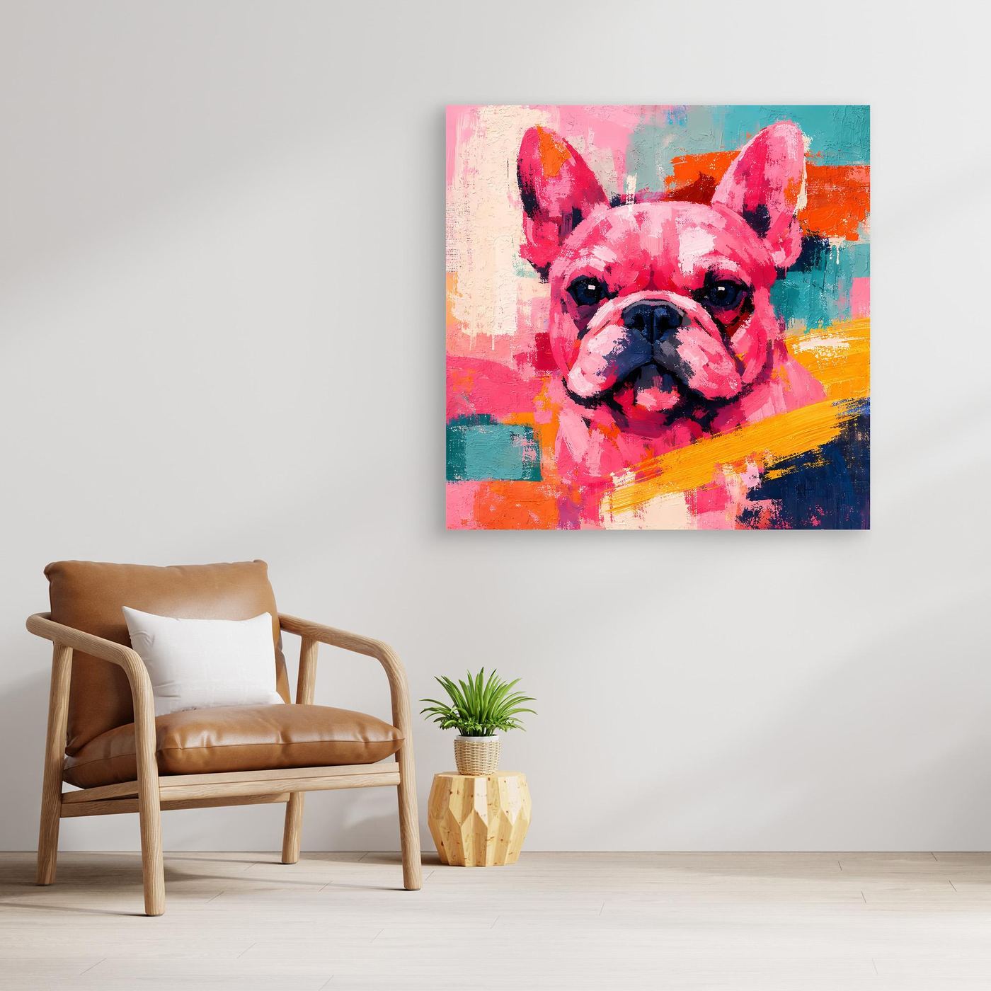 Leinwandbild mit farbenfroher Französischer Bulldogge im Pop-Art-Stil