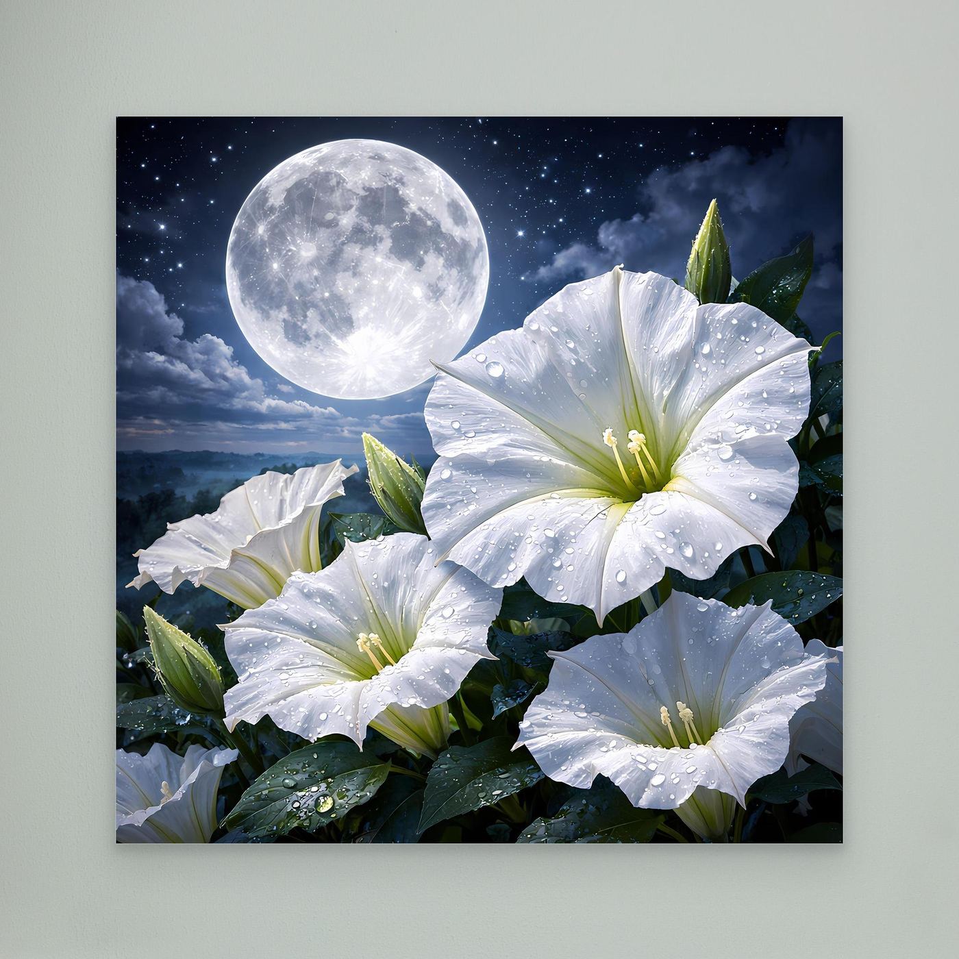 Leinwand-Wandbild mit weißen Blüten und hellem Mond, Rahmen nicht sichtbar