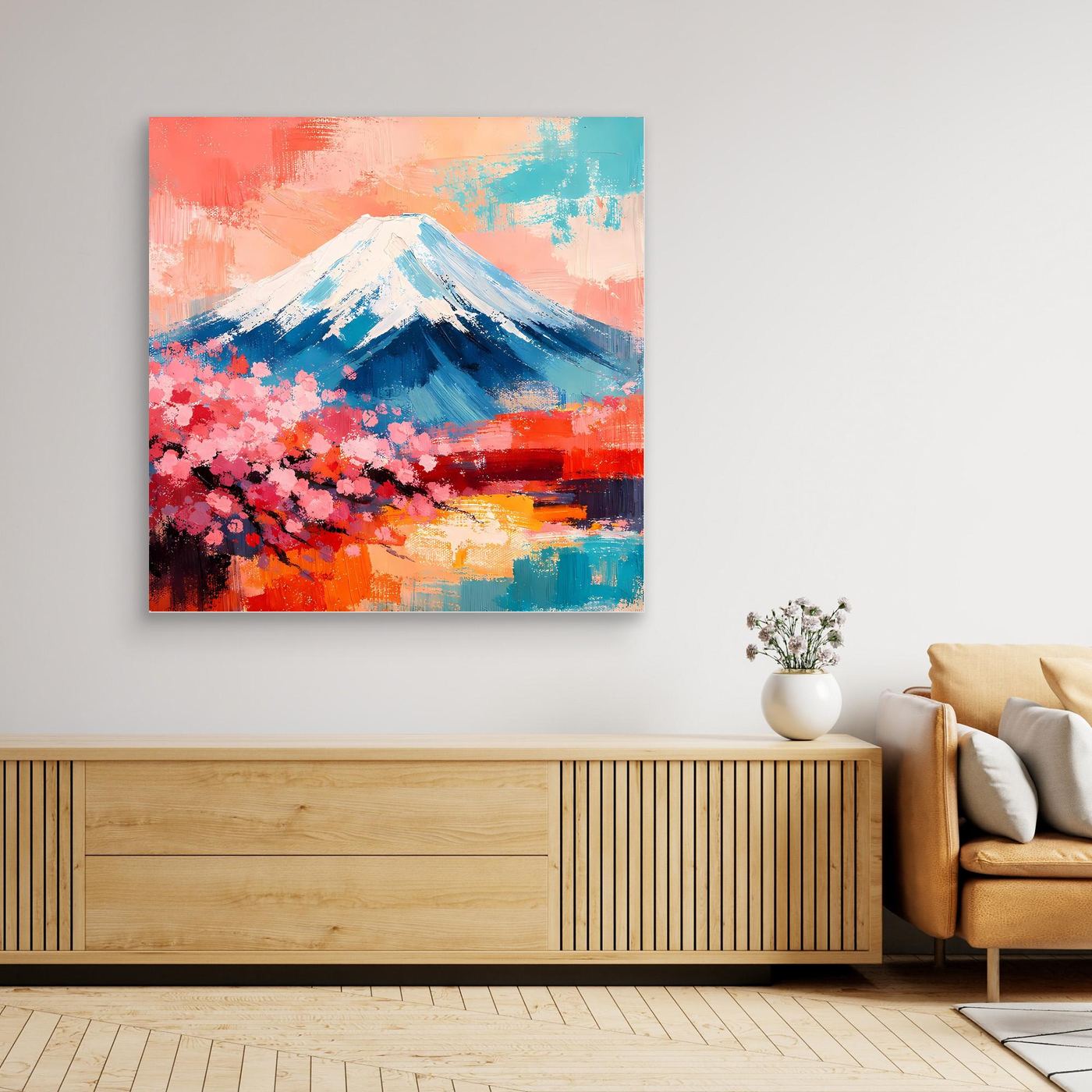Leinwand-Wandbild: abstrakter Fuji mit weißem Gipfel, rosa Kirschblüten, blau/türkiser und orange Farbverlauf.