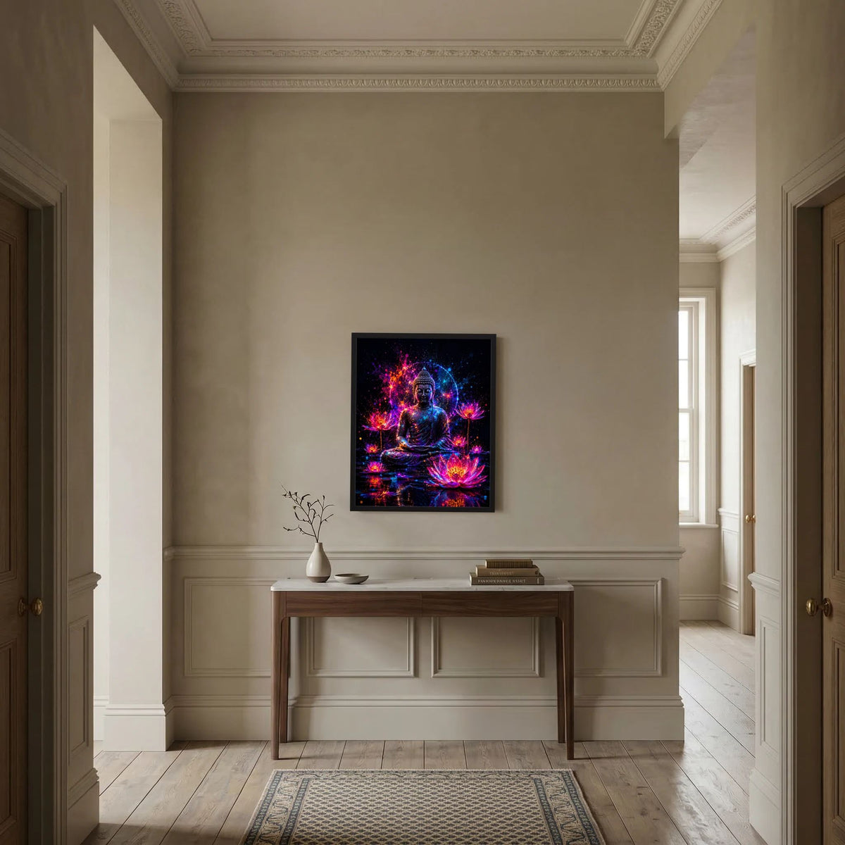Poster mit sitzendem Buddha in Neon-Pink und Blau und leuchtenden Lotusblüten