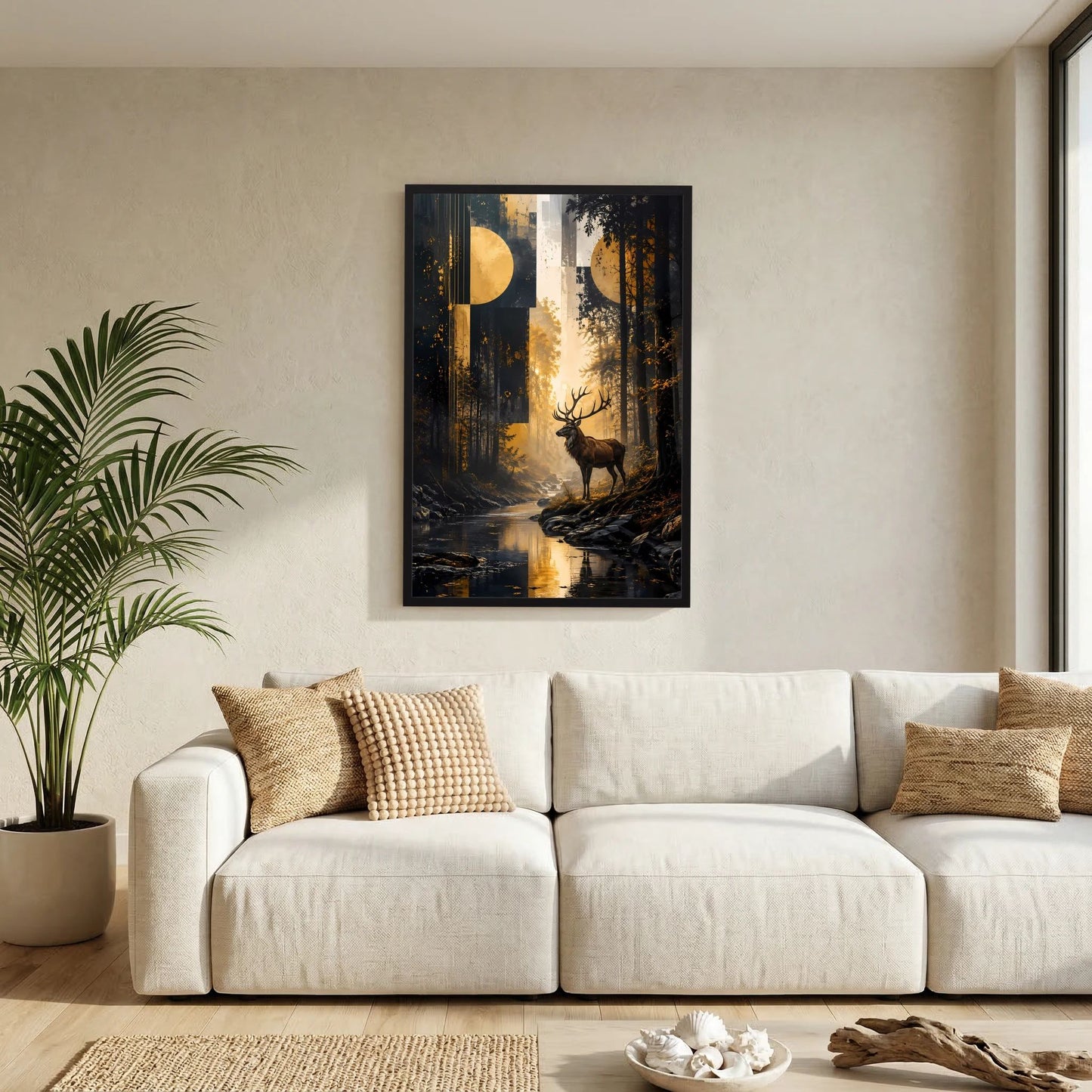 Wandkunst-Poster mit Hirsch im Wald, goldenem Licht und schwarzem Holzrahmen