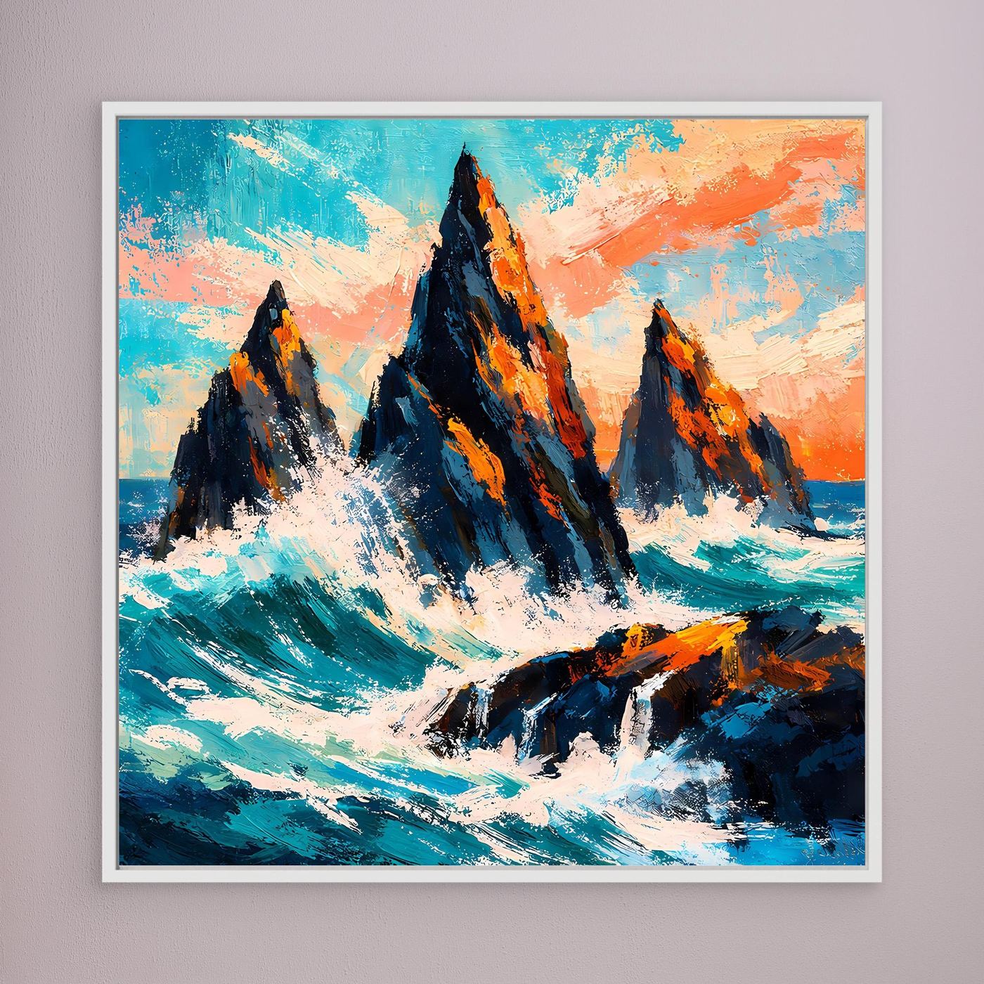 Wandbild mit abstrakten Felsen in der Brandung, türkis-orangen Farben, weißer Rahmen