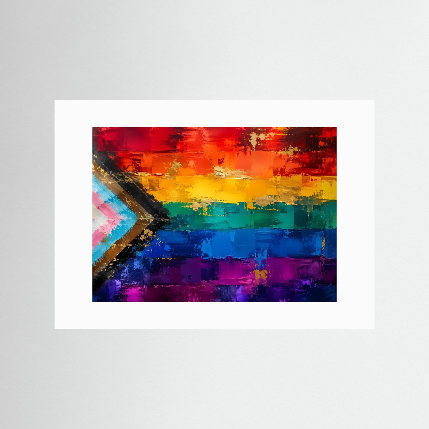 Poster im weißen Passepartout mit abstrakter Regenbogenflagge und goldfarbenem Pfeil