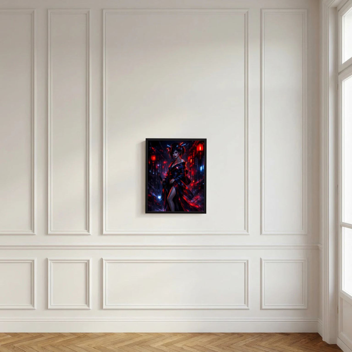Quadratisches Poster mit Samurai-Kriegerin und Katana, rot-blaues Neon-Motiv im schwarzen Rahmen