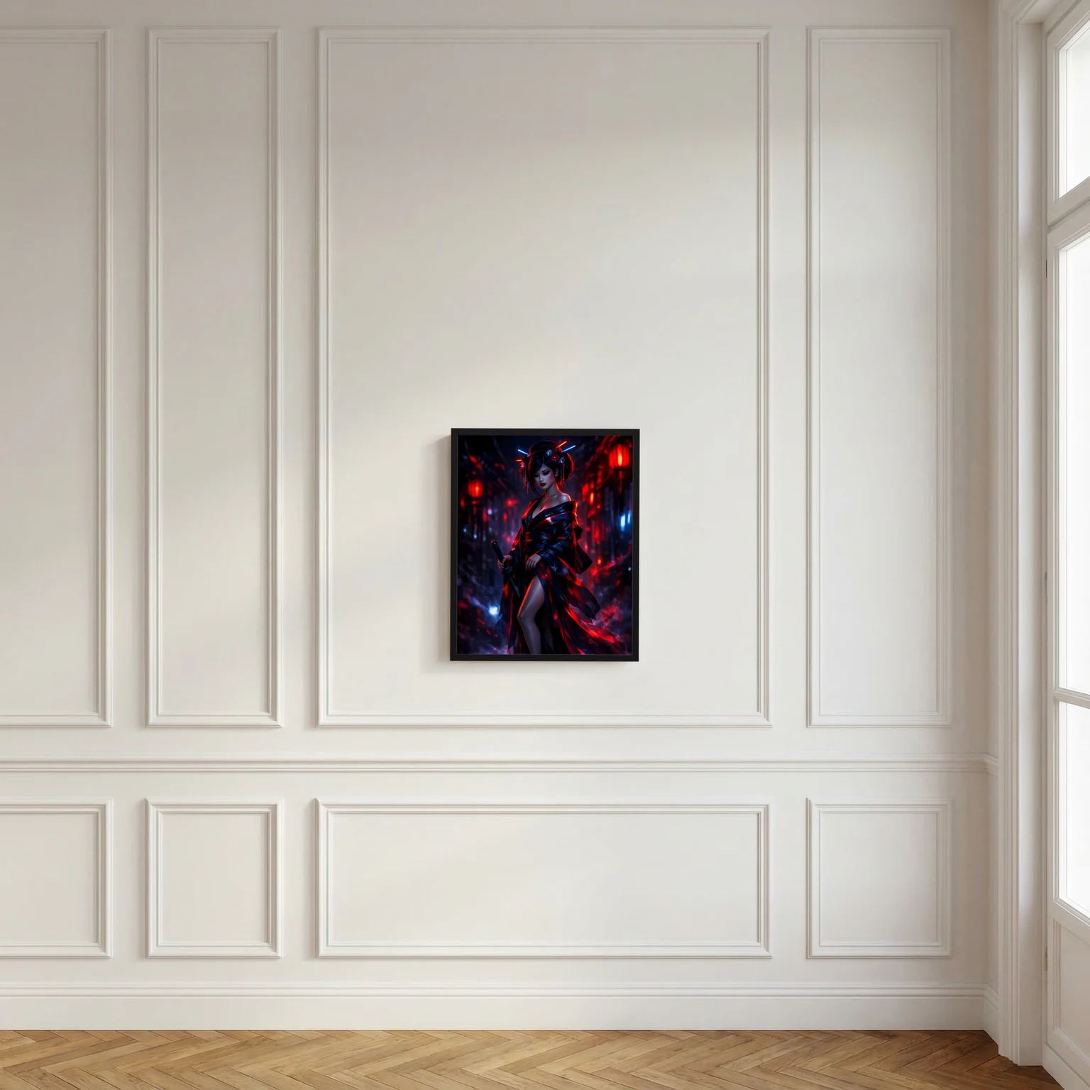 Quadratisches Poster mit Samurai-Kriegerin und Katana, rot-blaues Neon-Motiv im schwarzen Rahmen