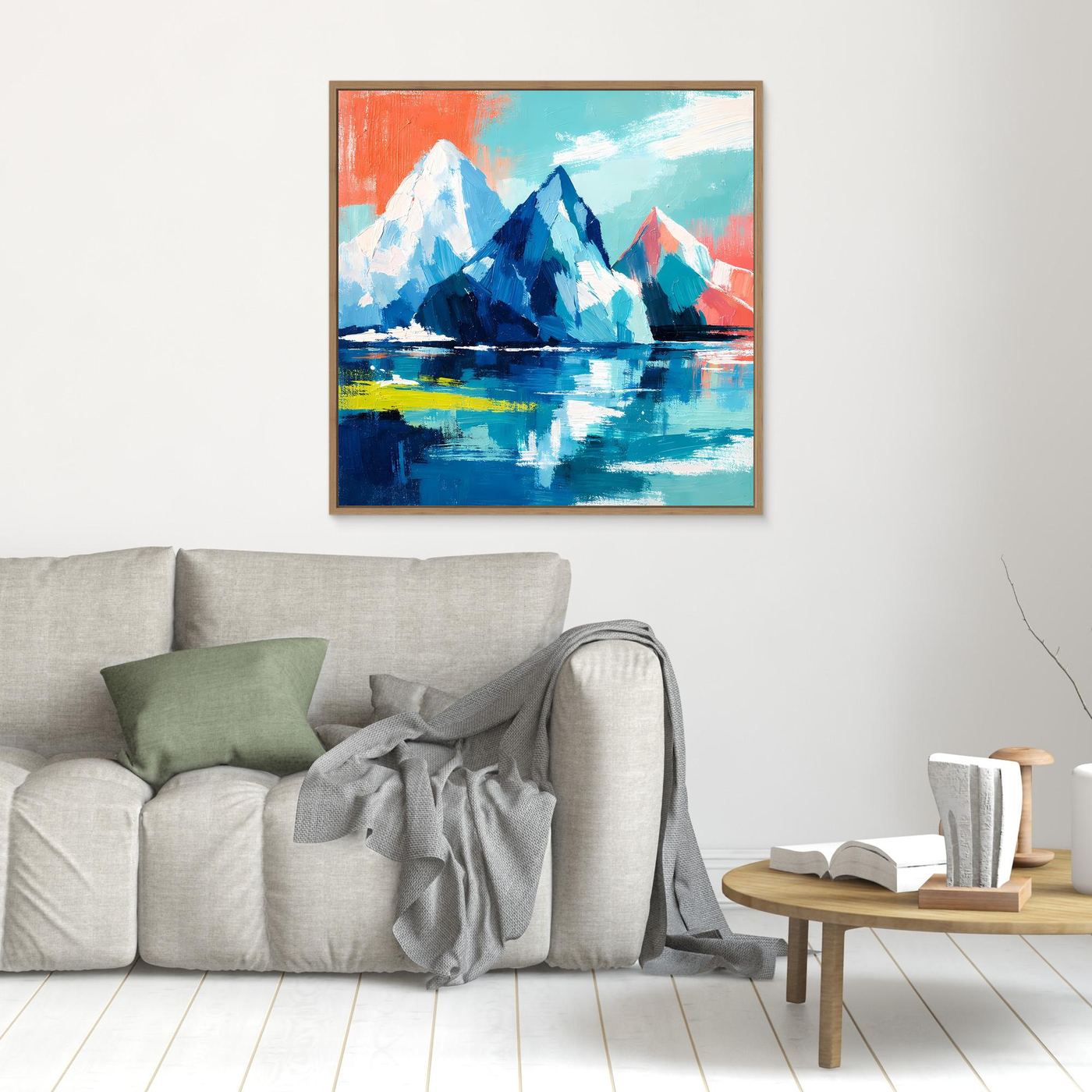 Abstract iceberg and mountain painting with blue sea reflection, wood frame