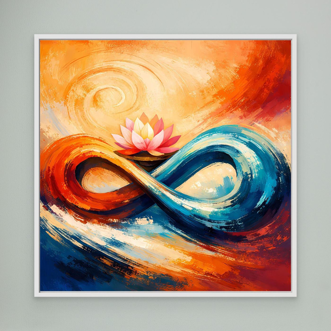 Abstraktes Leinwand-Wandbild mit Lotusblüte und Unendlichkeit in Orange, Blau und Rosa, mit weißem Rahmen