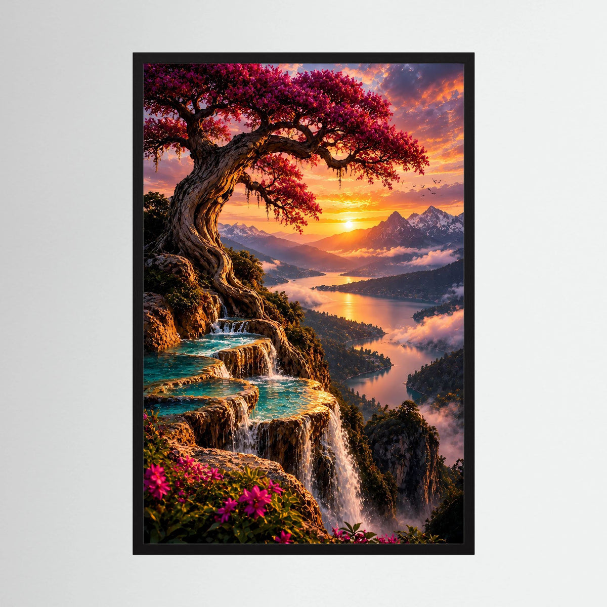 Magischer Baum über Bergsee | Wasserfälle im Sonnenuntergang | Poster Hochformat