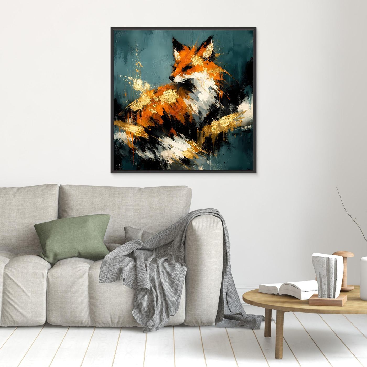 Leinwandbild mit abstraktem Fuchs in Orange, Weiß und Gold, türkis, schwarzer Rahmen