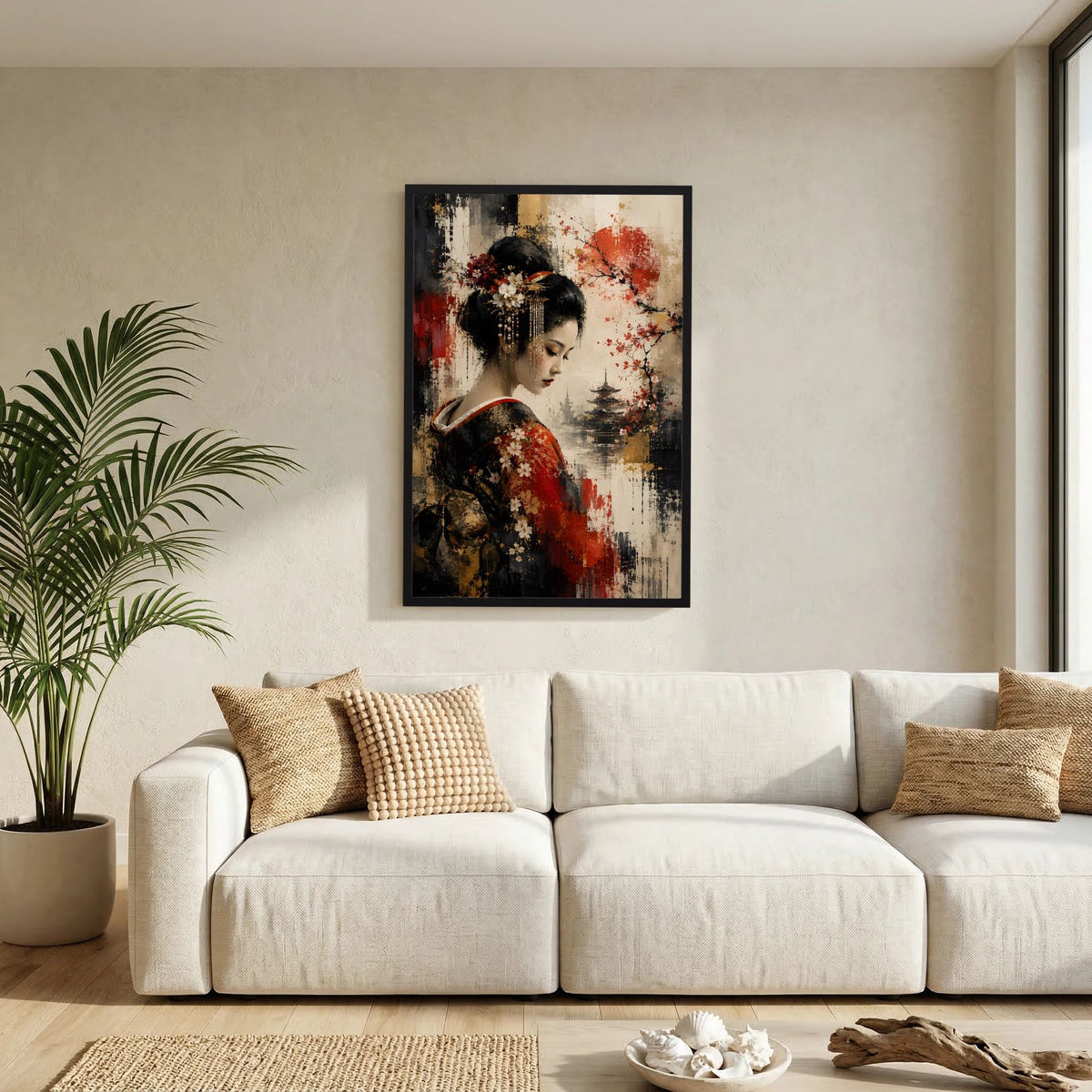 Kunstposter im Hochformat: Geisha mit Kirschblüten und Pagode, rot-schwarze Farbfläche, schwarz gerahmt.