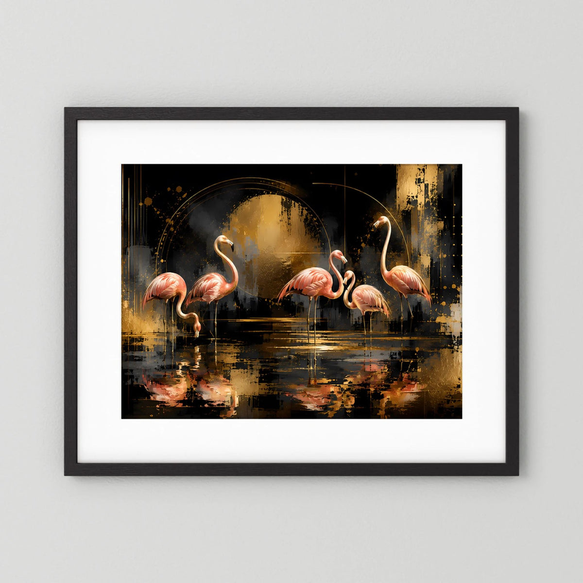 Gestaltetes Flamingo-Poster mit abstraktem Schwarz-Rosa-Gold-Motiv im schwarzen Rahmen