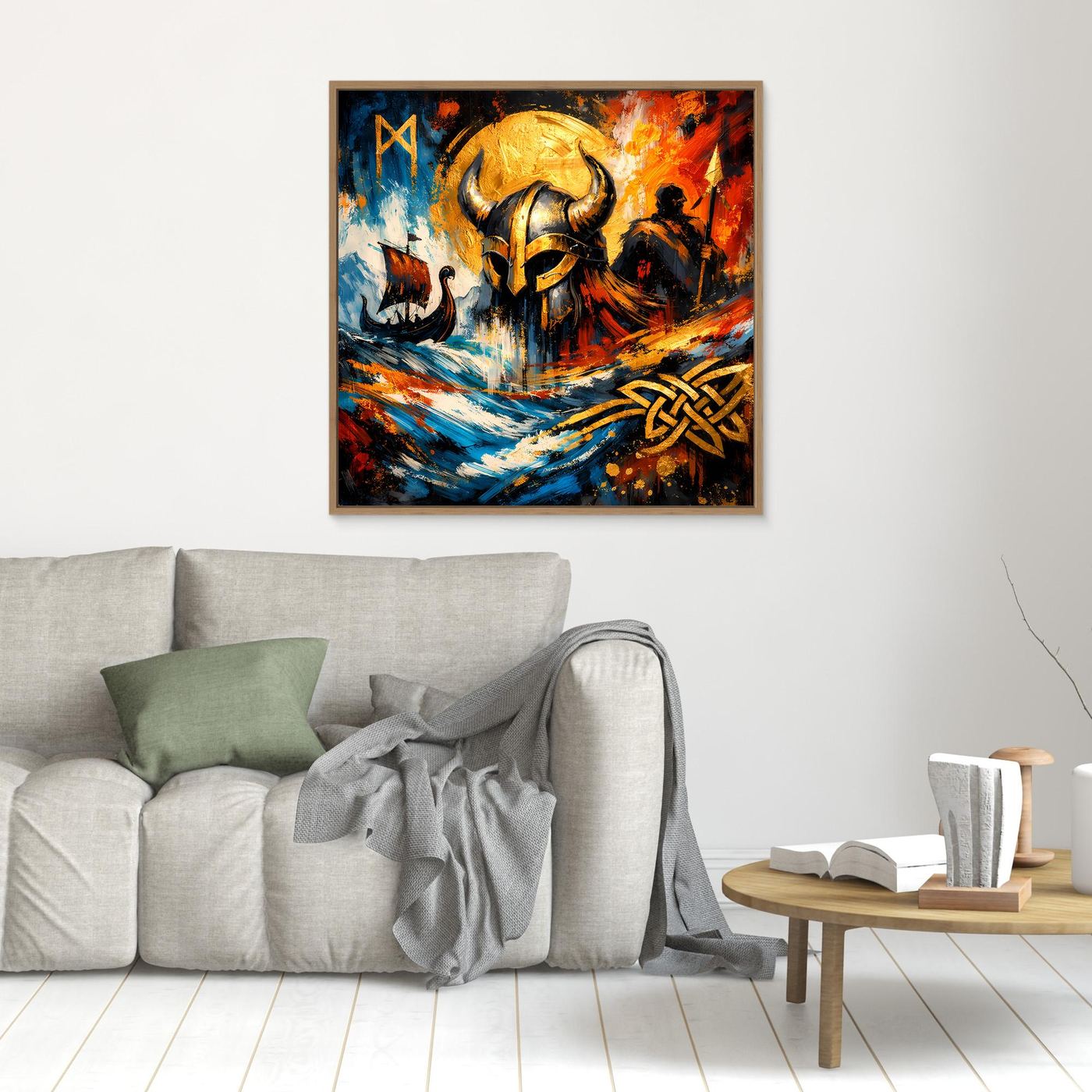 Kleines Leinwandbild mit Wikingerhelm-Motiv im abstrakten Mythologie-Stil, goldbraun gerahmt