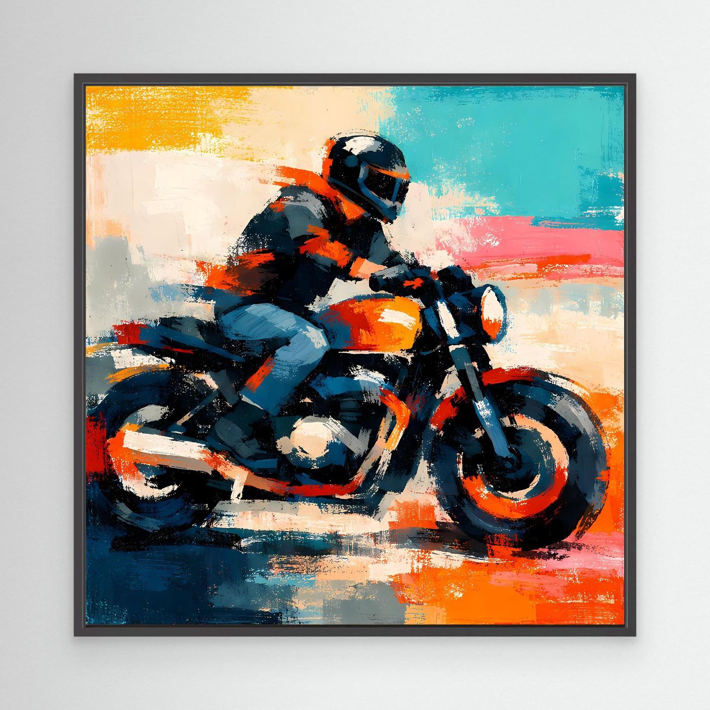 Abstract motorcycle wall art with rider on teal and orange strokes, in a black frame