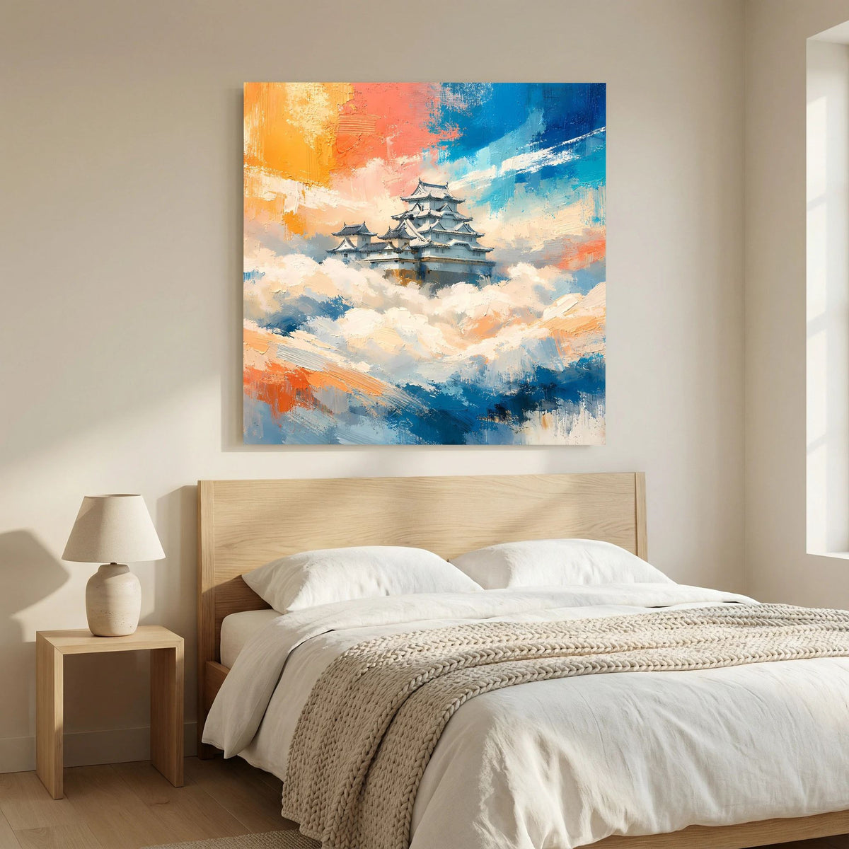 Rechteckiges Leinwandbild mit japanischer Burg über Wolken und kräftigem Farbverlauf.
