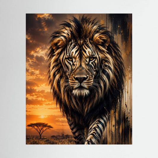 Poster mit Löwenmotiv mit Zebramuster und bräunlich-orangem Sonnenuntergang