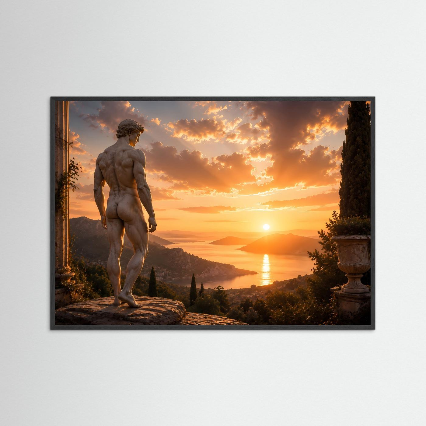 Poster im Querformat mit klassischer Männerstatue, schwarze Rahmenumrandung um die Szene