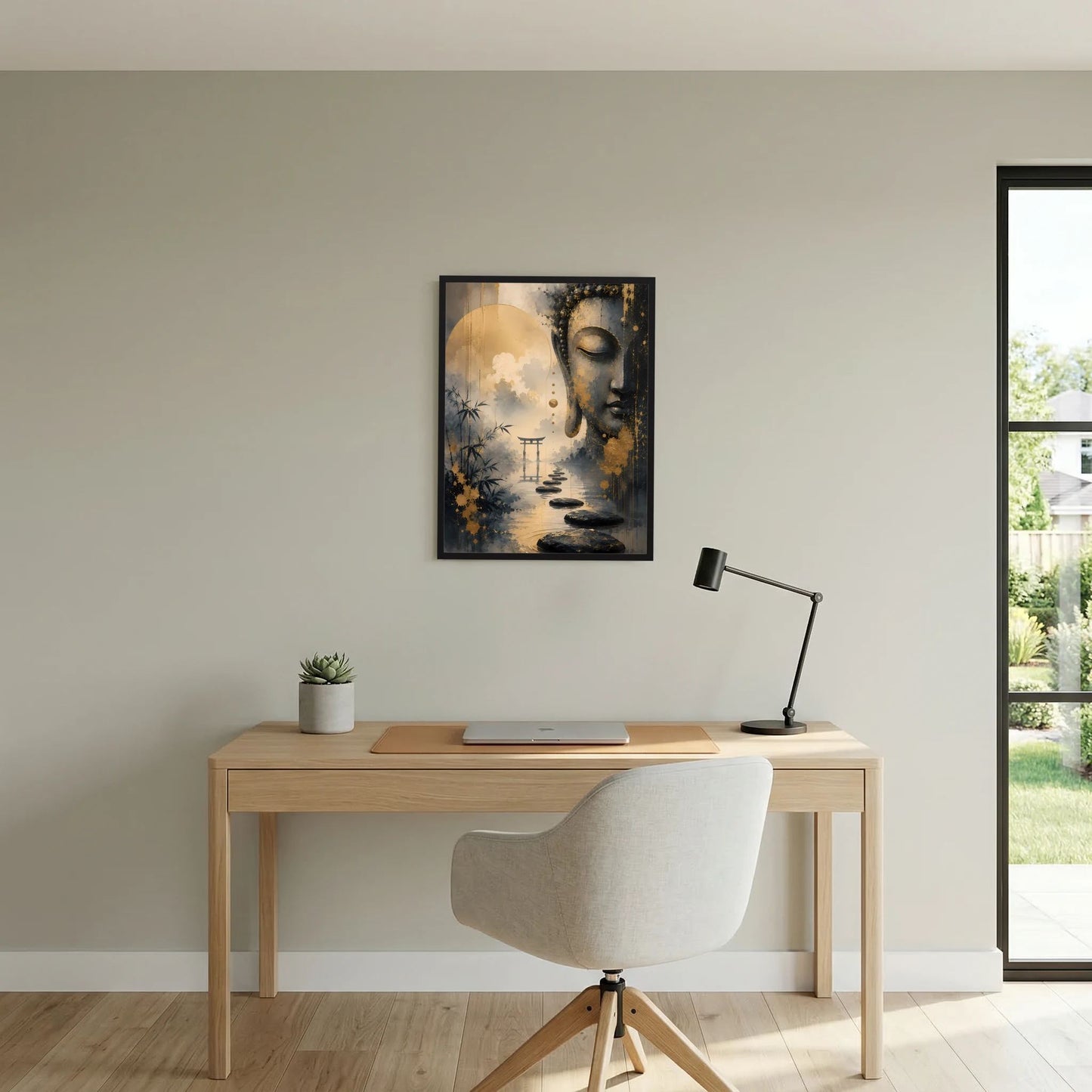 Buddha-Poster im schwarzen Rahmen mit Goldtönen und schwarzen Konturen, meditatives Gesicht