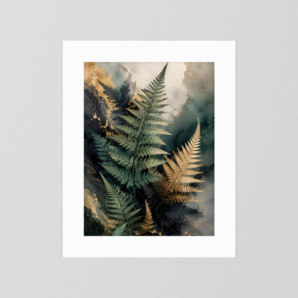 Edle Farnblätter in Grün & Gold | Botanische Kunst auf Marmoroptik | Poster Hochformat
