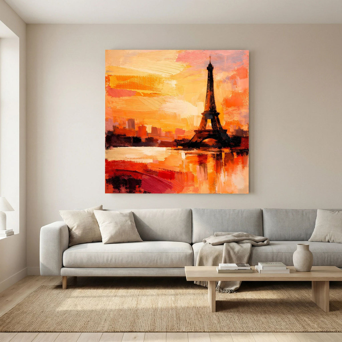 Leinwand Abstraktes Eiffelturm Paris Gemälde | Modernes Romantisches Wandbild Sonnenuntergang