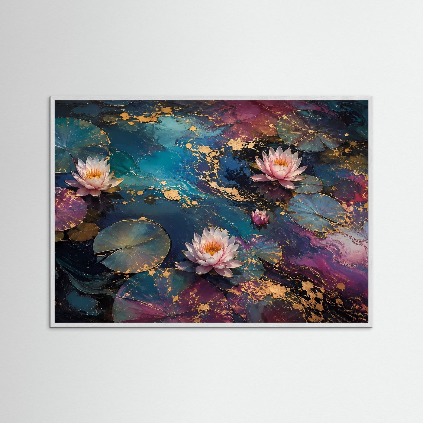 Lotusblüten auf Seerosenteich | Abstrakte Wasserkunst in Blau Gold | Elegantes Seerosen Wandbild | Luxuriöses Natur Poster | Premium Leinwand für Wohnzimmer