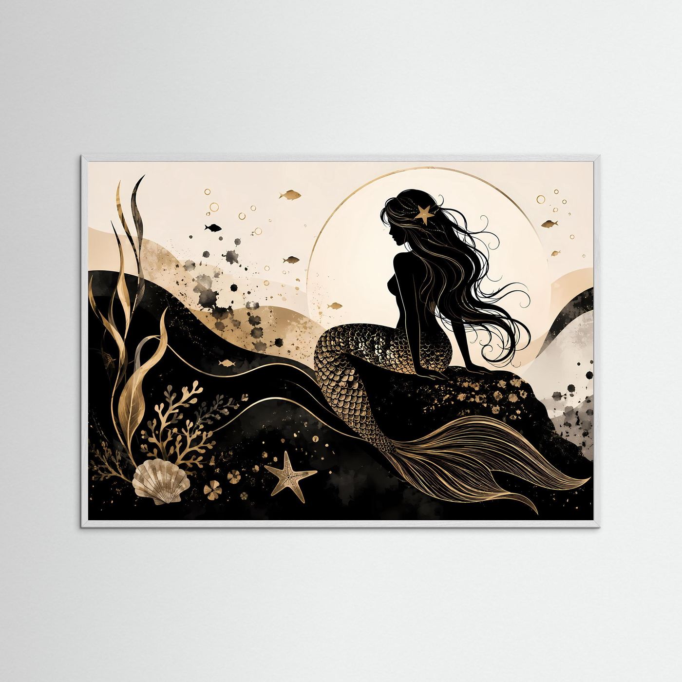 Querformat-Poster mit Meerjungfrau in Schwarz & Gold im weißen Rahmen
