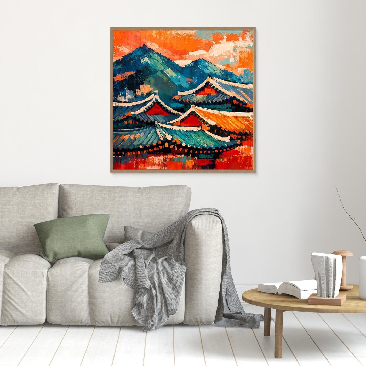 Braun gerahmtes Leinwandbild mit asiatischen Dächern und Bergen, orange-blaue Farbflächen