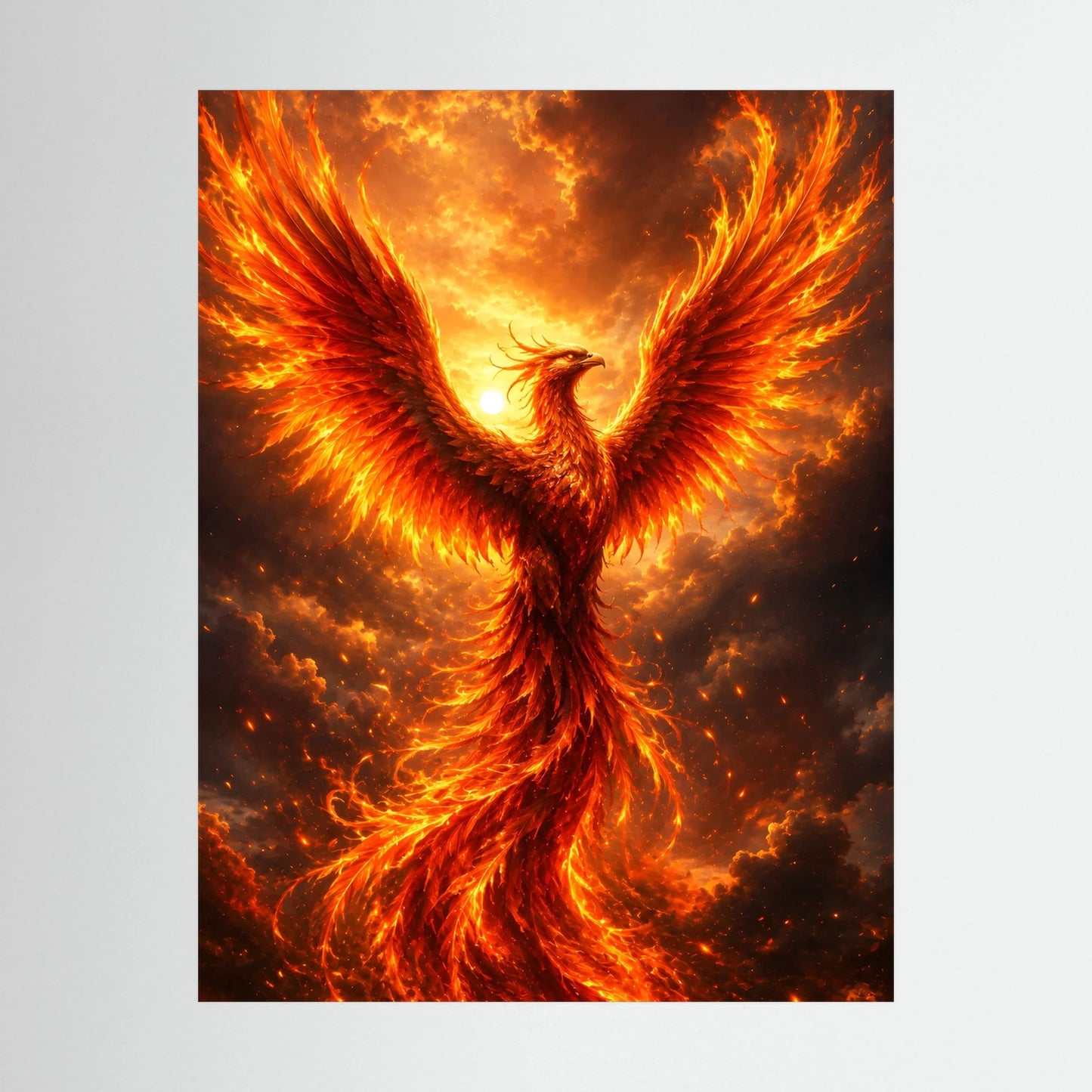 Poster-Detail: flammender Phönix mit goldorange Flügeln und Funken im schwarzen Rahmen