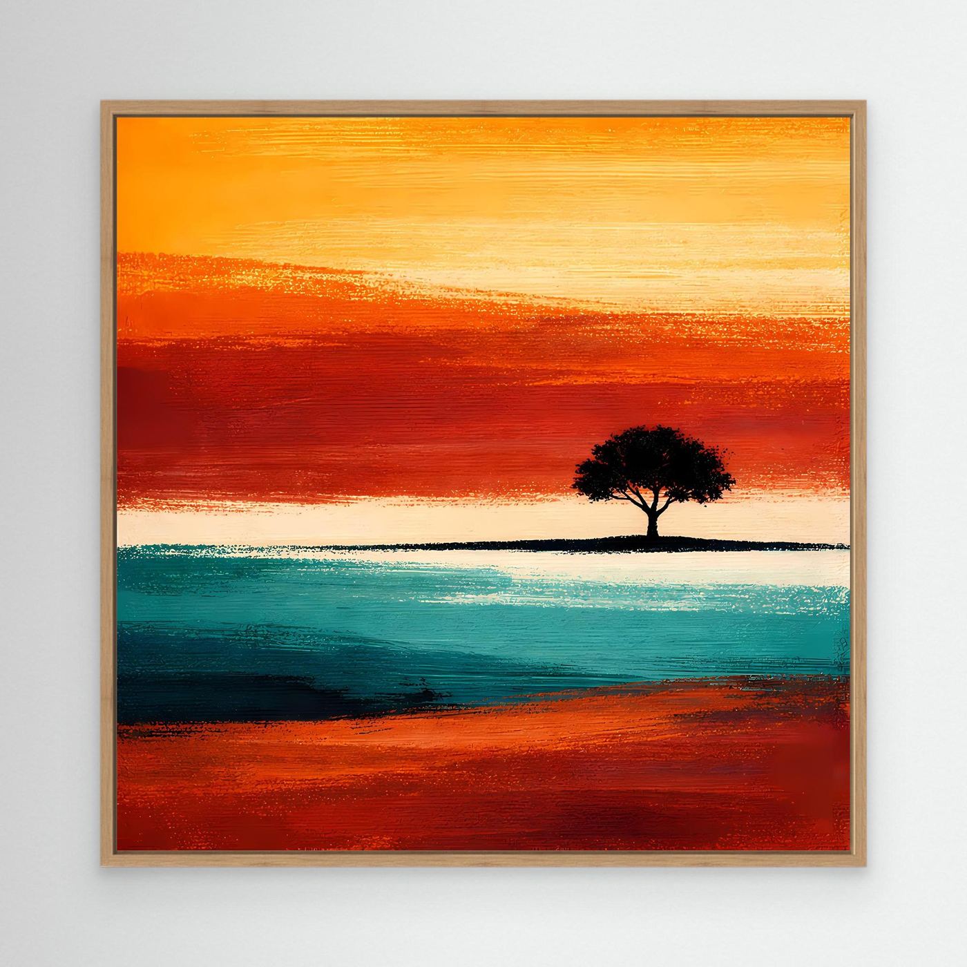 Leinwandbild mit abstraktem Baum am Horizont, Türkis-Orange, Eichenrahmen
