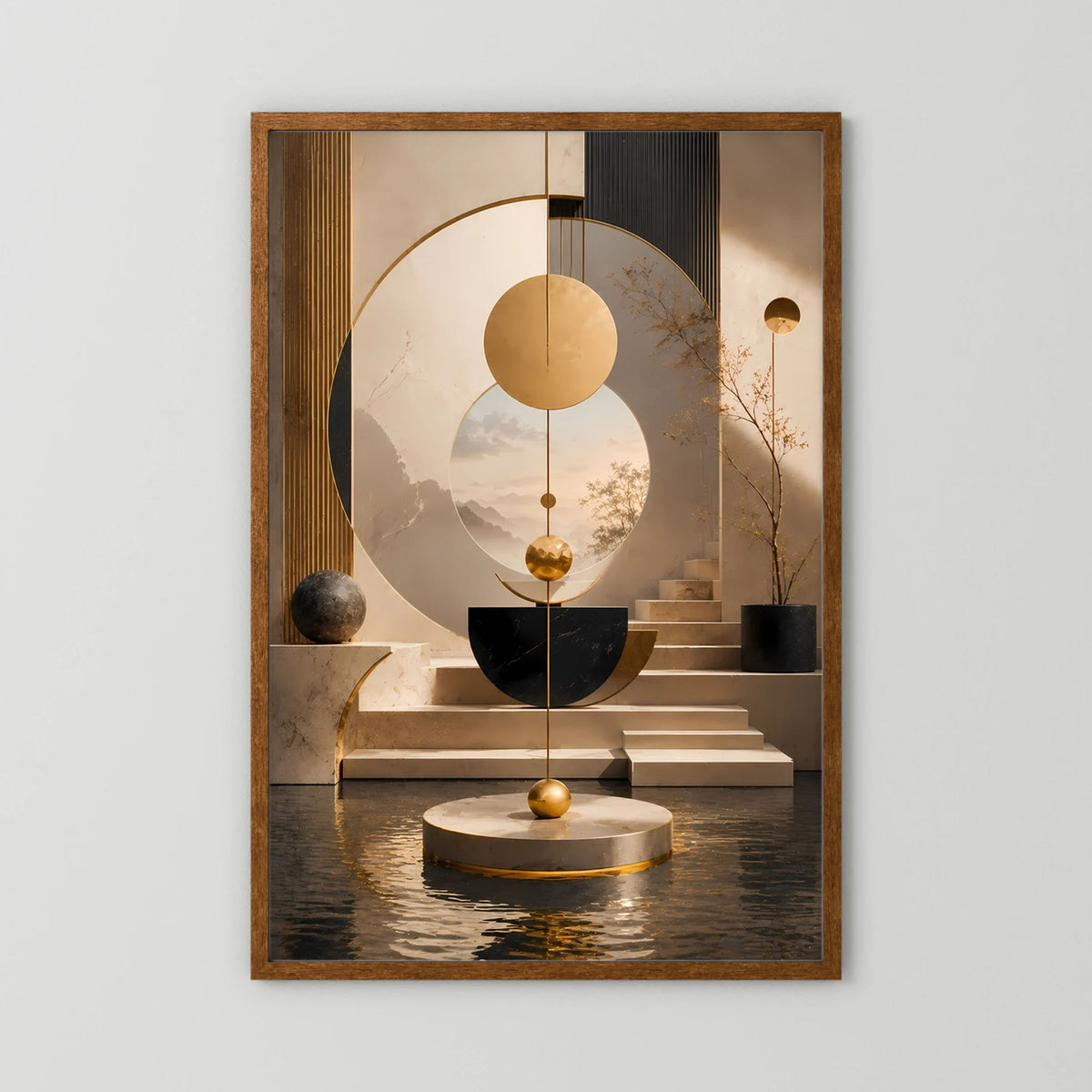 Hochformatiges Poster mit Kreisen und goldenen Kugeln, Creme-Schwarz, brauner Holzrahmen