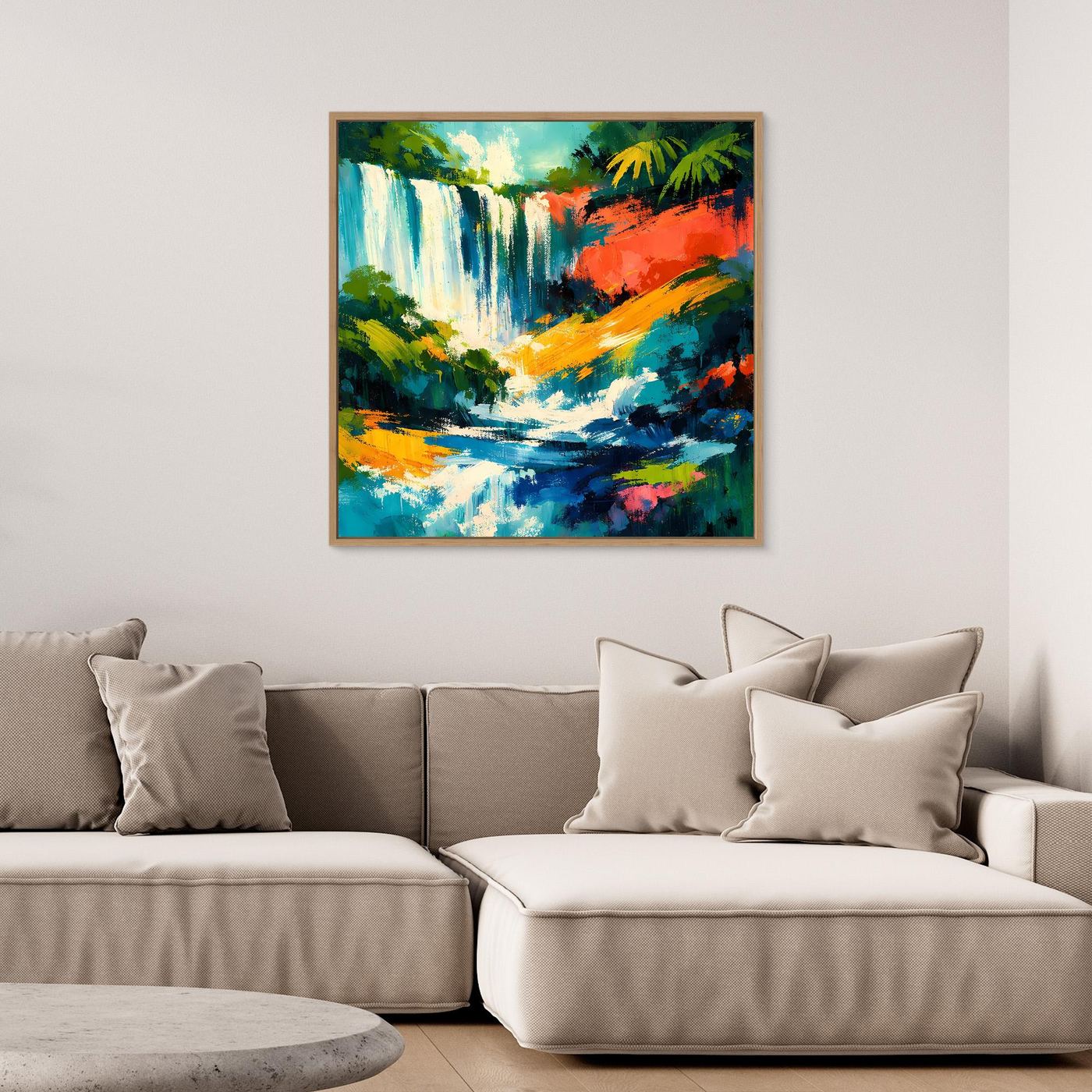 Leinwandbild mit abstraktem tropischem Wasserfall, Eichenrahmen, kräftige Blau- und Orangetöne